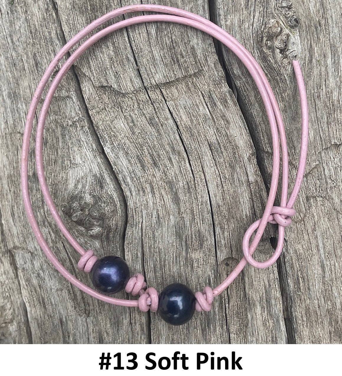 Single Black Pearl Necklace, #13 Soft Pink Leather Cord