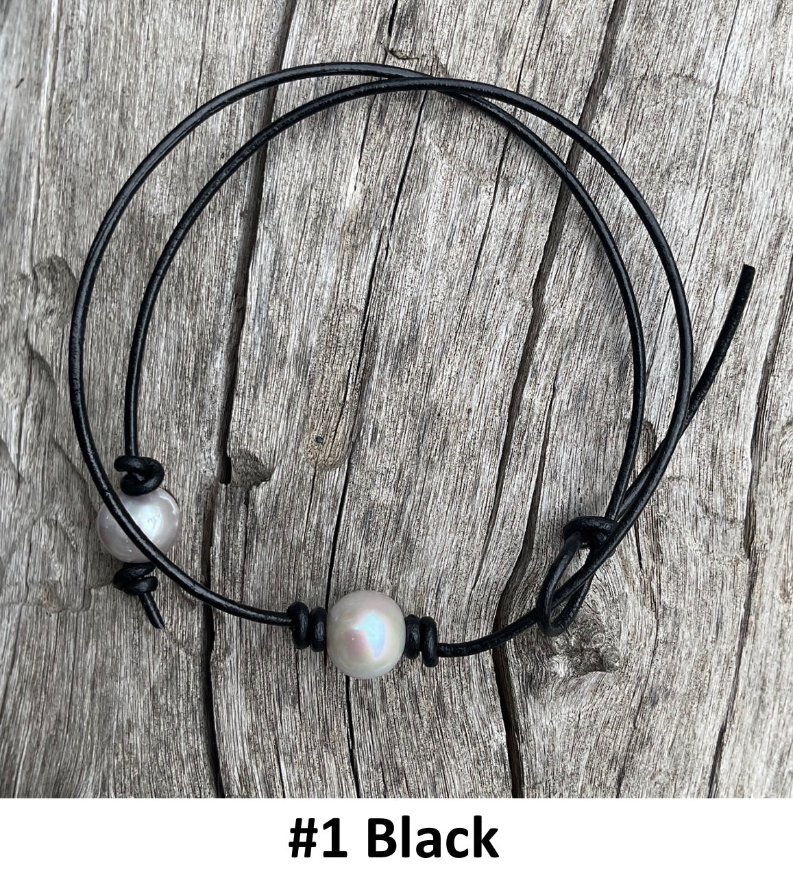 Single Gray Pearl Necklace, #1 Black Leather Cord