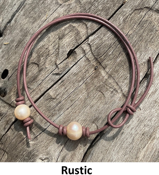 Single Pink Pearl Necklace, #18 Rustic Leather Cord