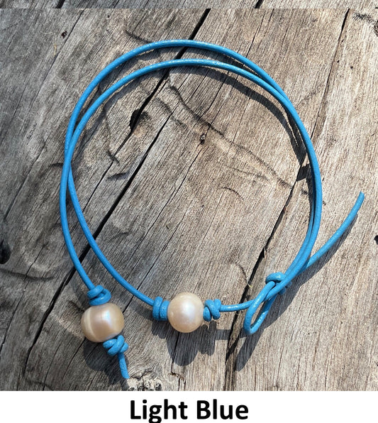 Single Pink Pearl Necklace, #14 Light Blue Leather Cord