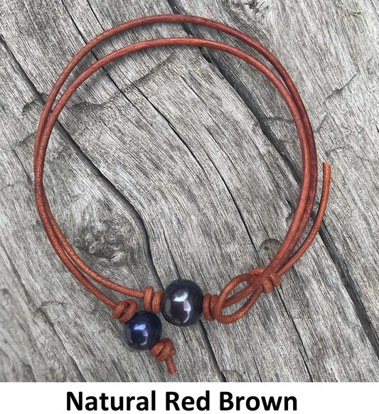 Single Black Pearl Necklace, #8 Natural Red Brown Leather Cord