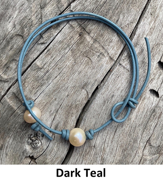 Single Pink Pearl Necklace, #16 Dark Teal Leather Cord