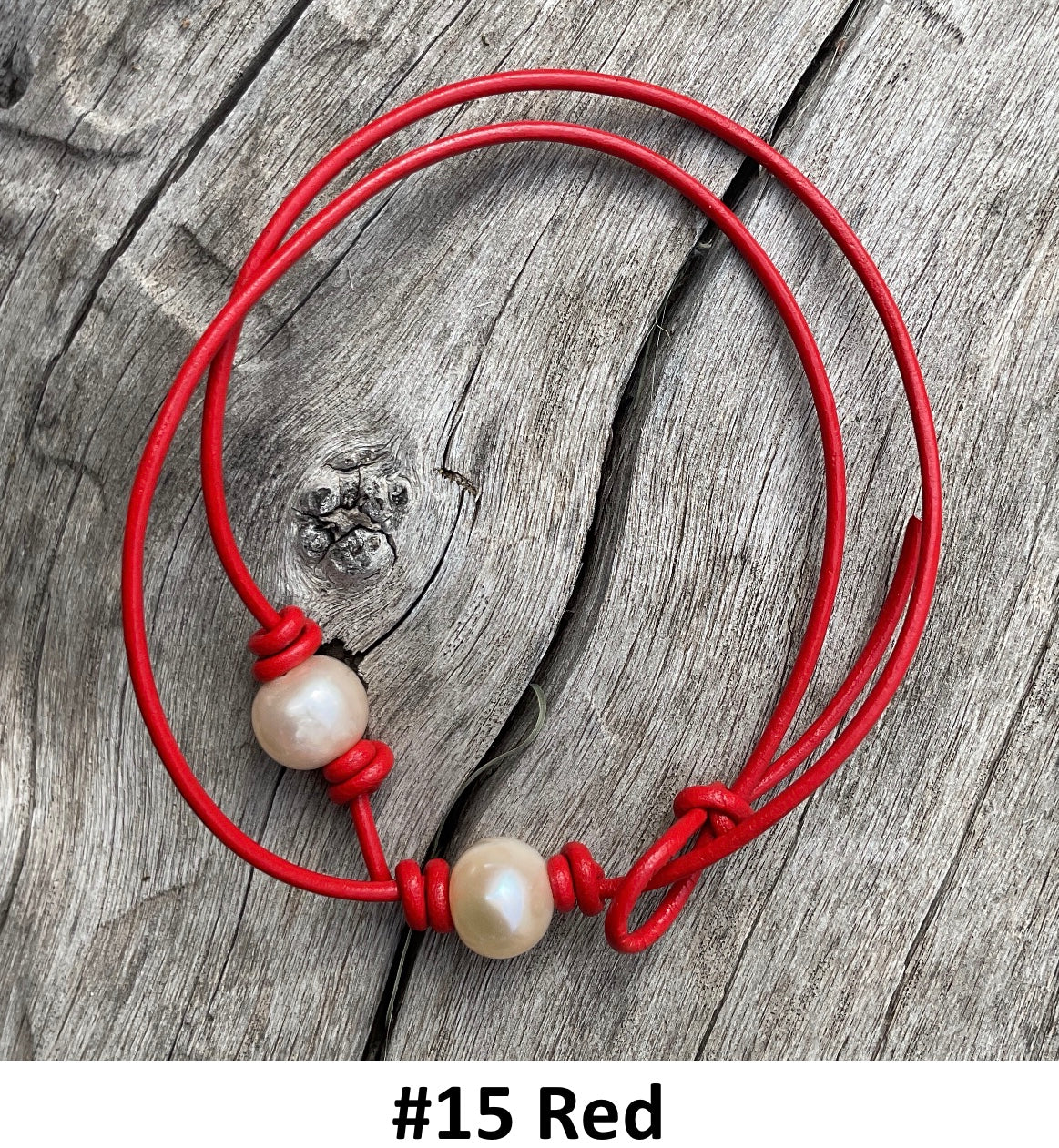 Single Pink Pearl Necklace, #15 Red Leather Cord