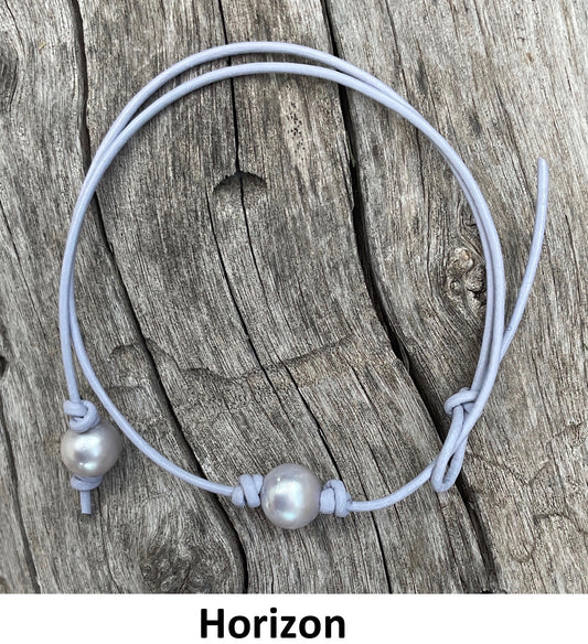 Single Gray Pearl Necklace, #21 Horizon Leather Cord