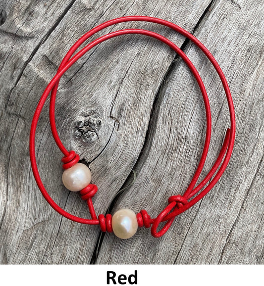 Single Pink Pearl Necklace, #15 Red Leather Cord