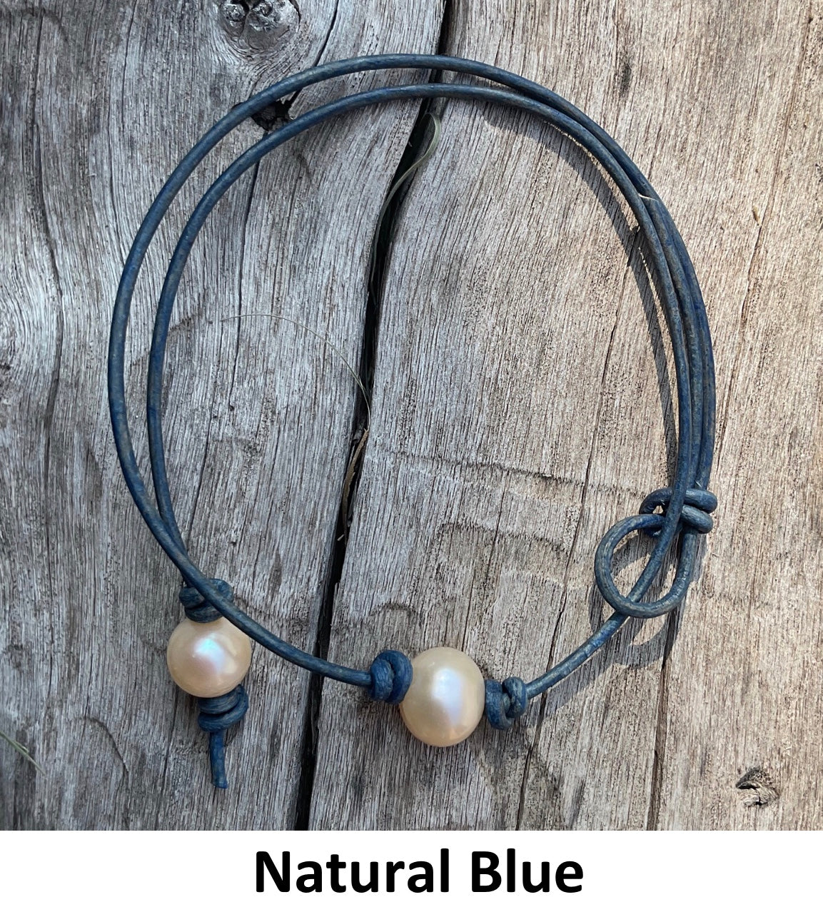 Single Pink Pearl Necklace, #9 Natural Blue Leather Cord