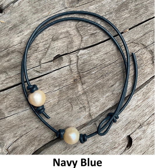 Single Pink Pearl Necklace, #24 Navy Blue Leather Cord