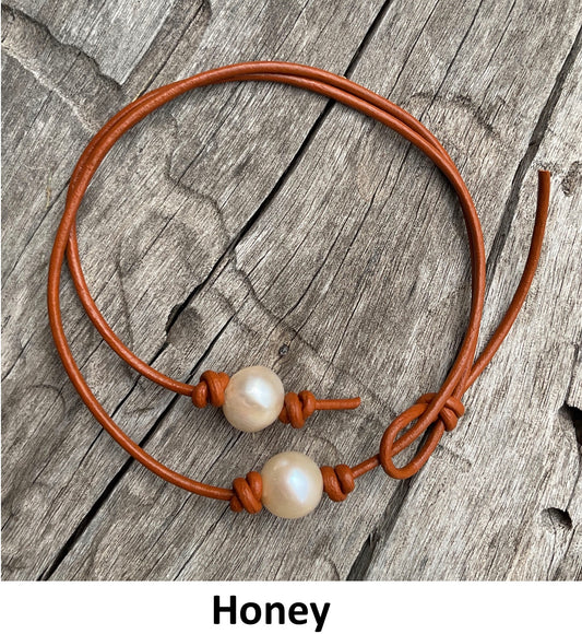 Single Pink Pearl Necklace, #22 Honey Leather Cord