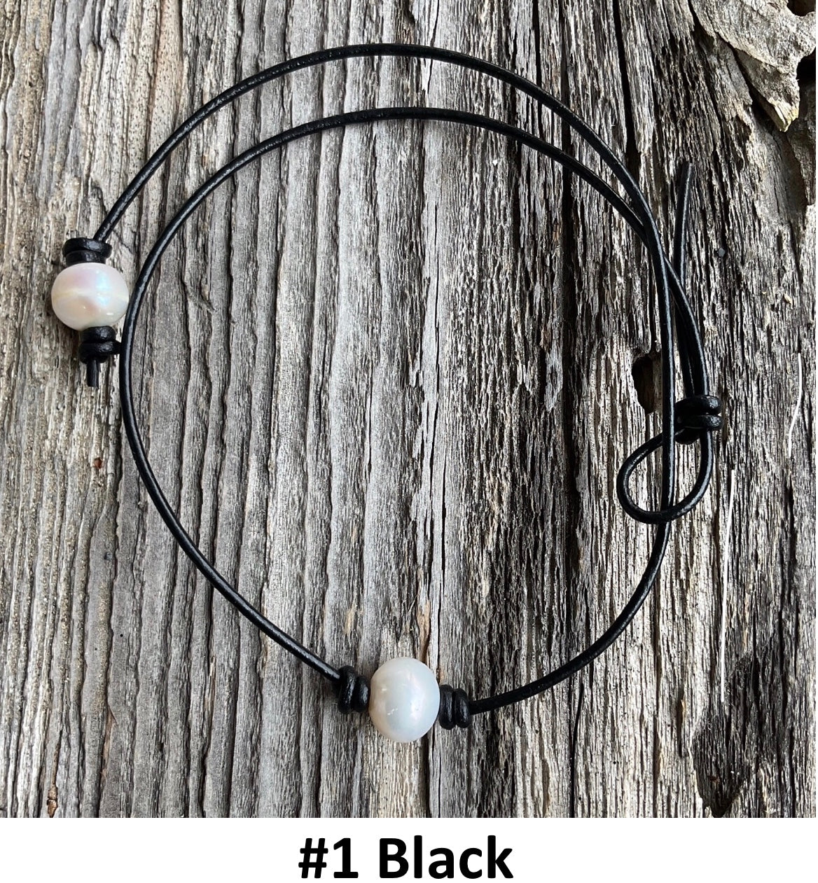 Single White Pearl Necklace, #1 Black Leather Cord