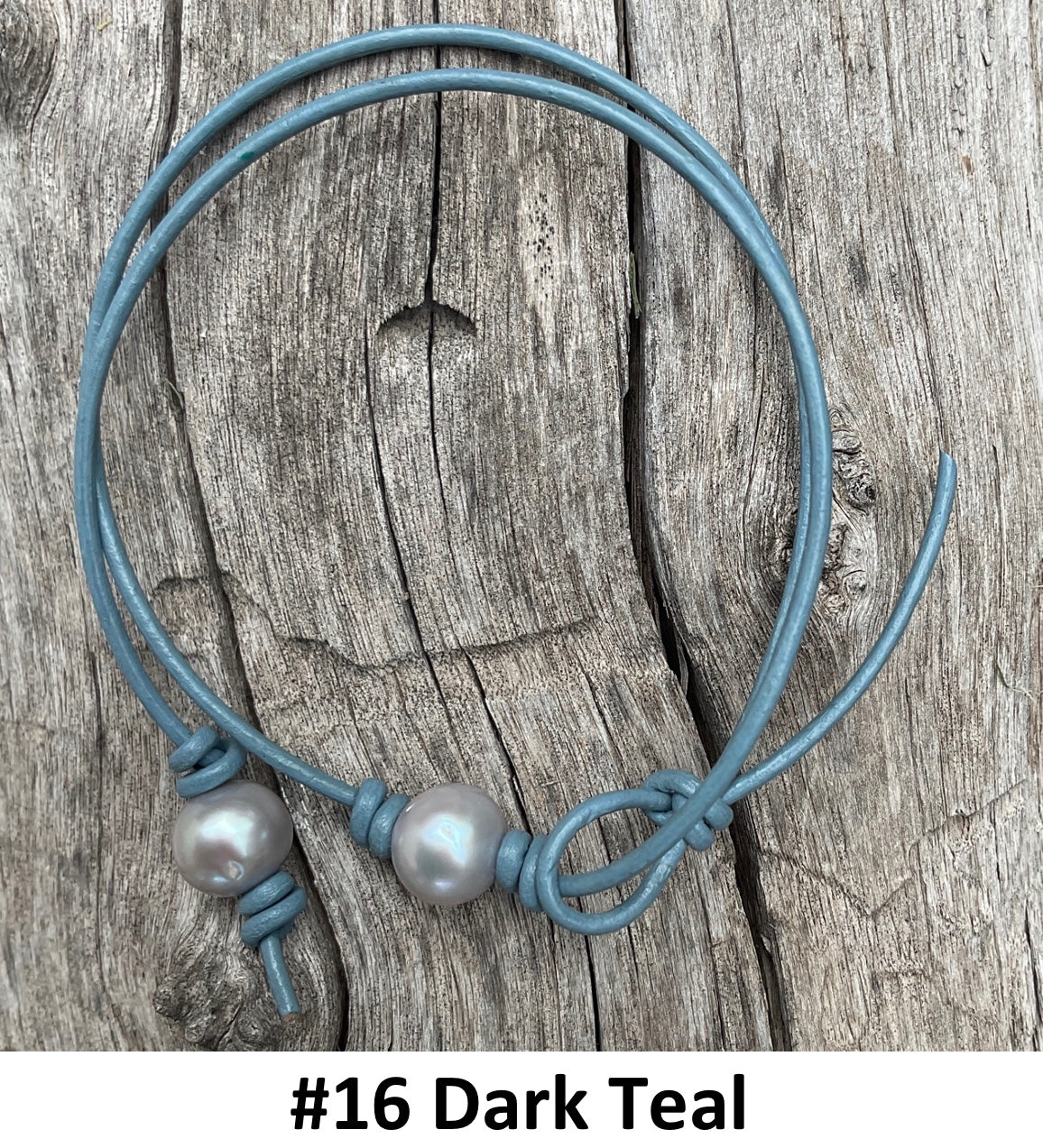 Single Gray Pearl Necklace, #16 Dark Teal Leather Cord