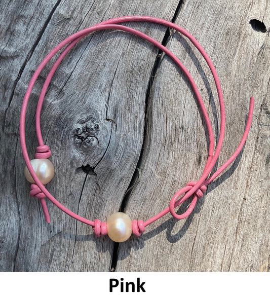 Single Pink Pearl Necklace #10 Pink Leather Cord