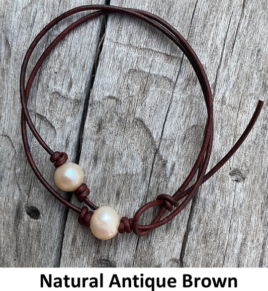 Single Pink Pearl Necklace, #7 Natural Antique Brown Leather Cord