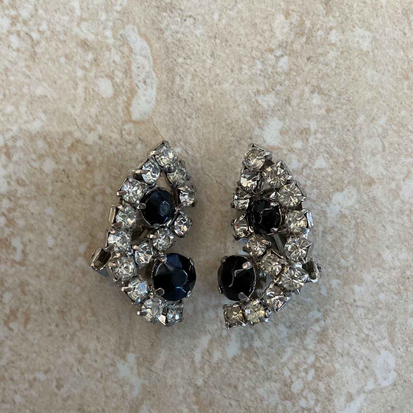 Vintage Clear And Black Crystals Women’s Clip-On Earrings