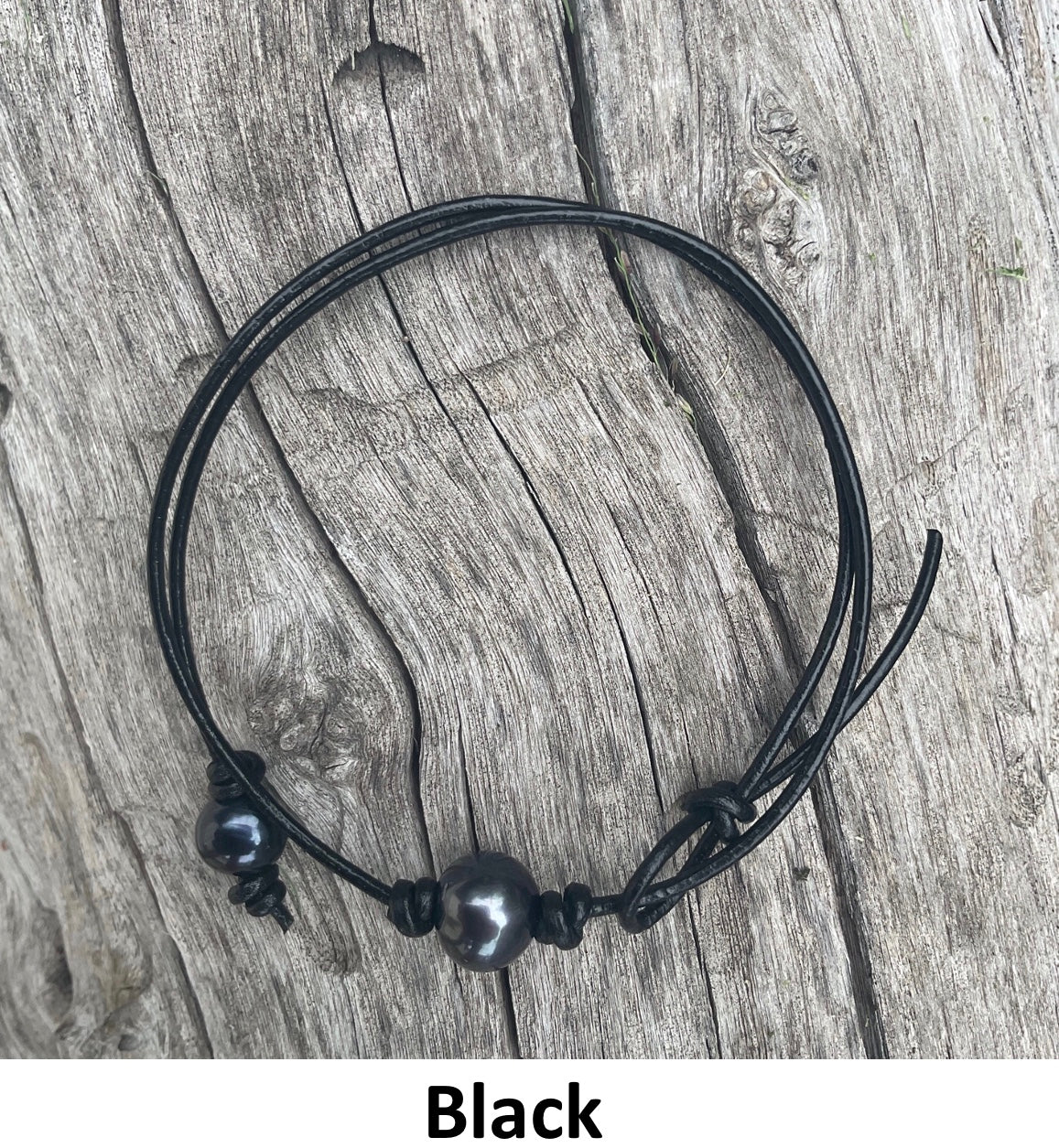 Single Black Pearl Necklace, #1 Black Leather Cord