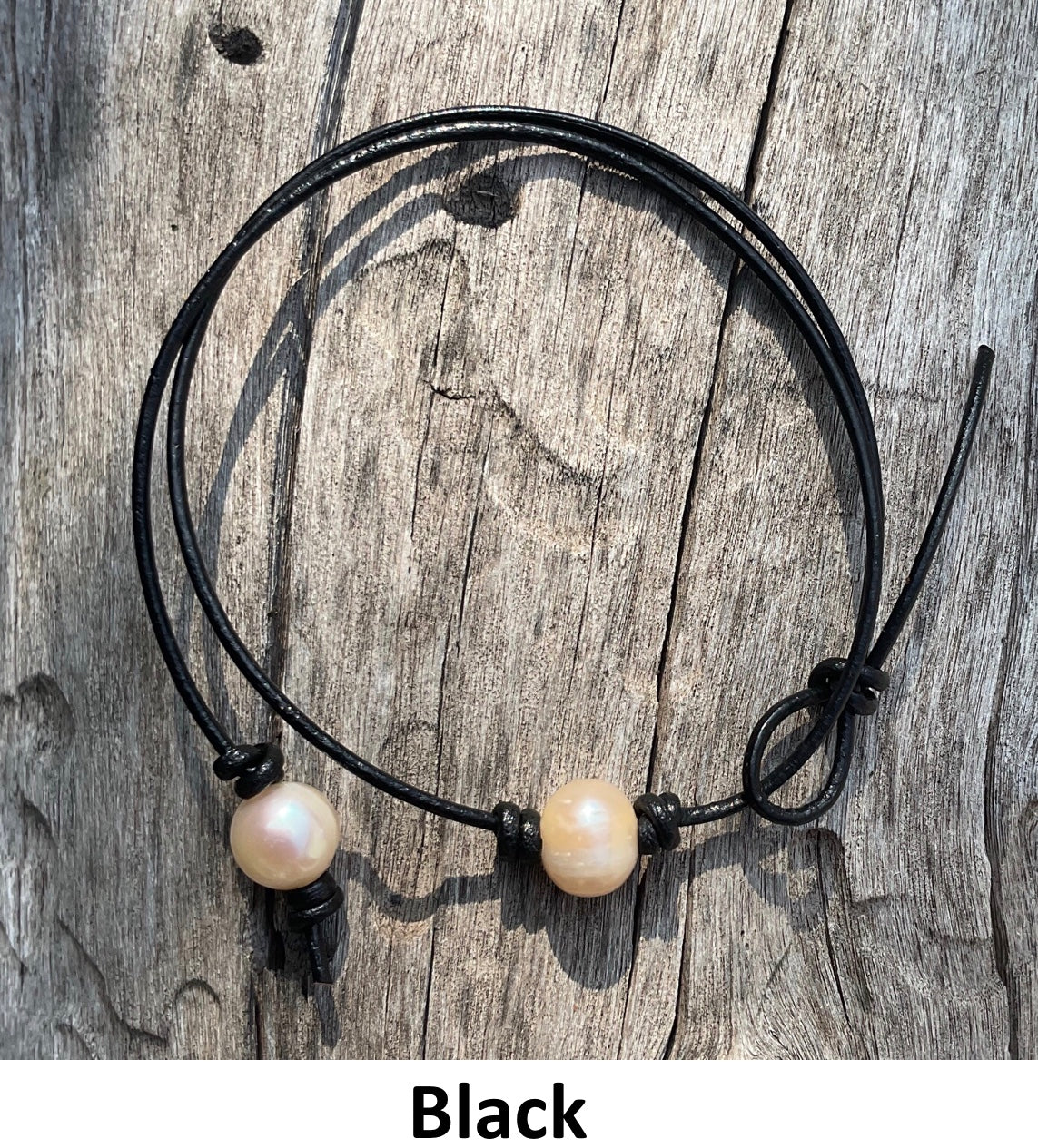 Single Pink Pearl Necklace, #1 Black Leather Cord