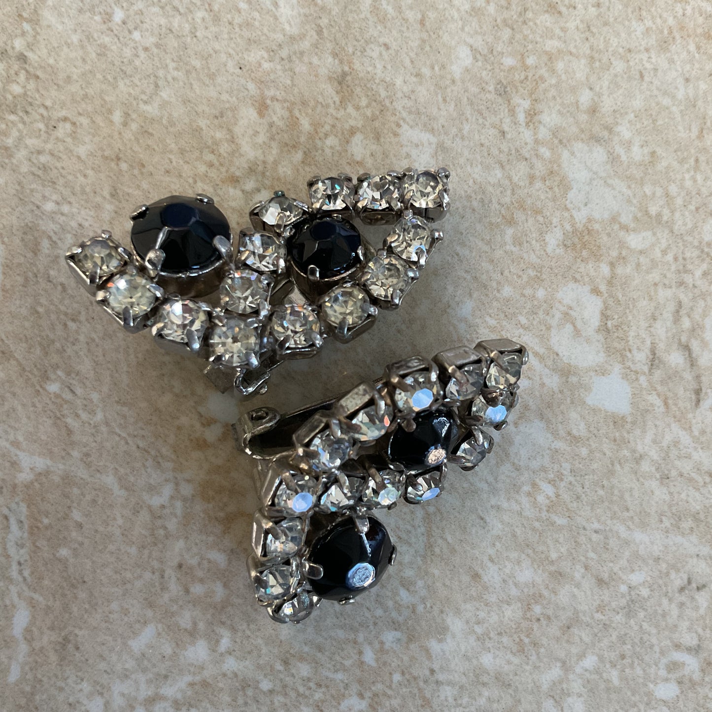 Vintage Clear And Black Crystals Women’s Clip-On Earrings