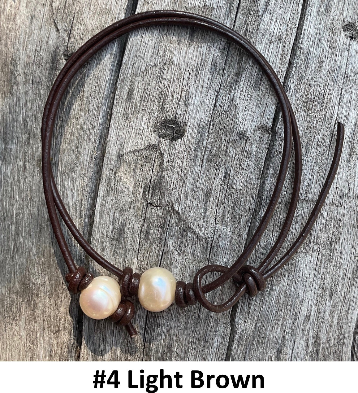 Single Pink Pearl Necklace, #4 Light Brown Leather Cord