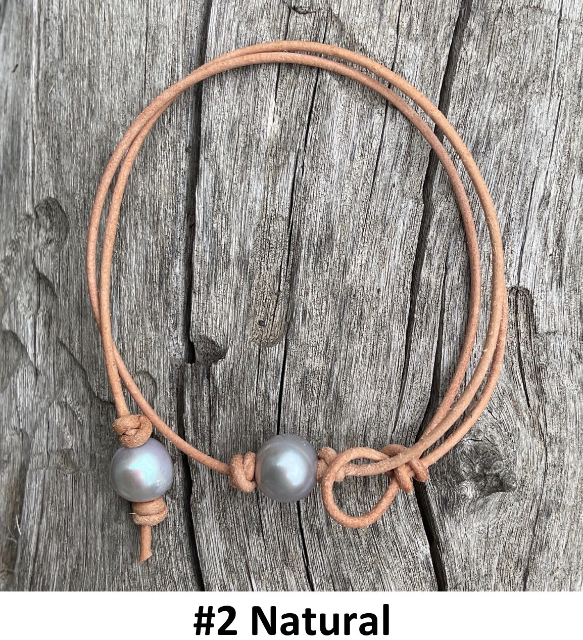 Single Gray Pearl Necklace, #2 Natural Leather Cord