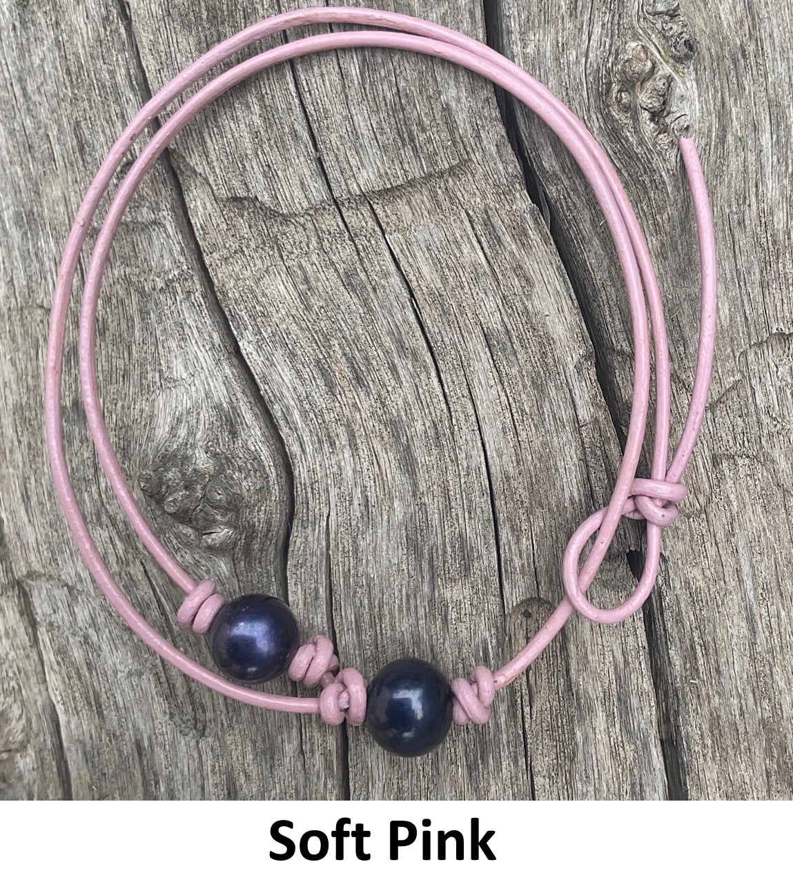 Single Black Pearl Necklace, #13 Soft Pink Leather Cord