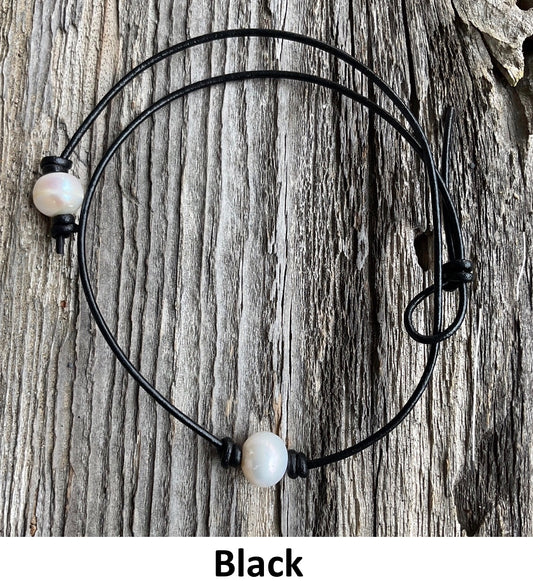 Single White Pearl Necklace, #1 Black Leather Cord
