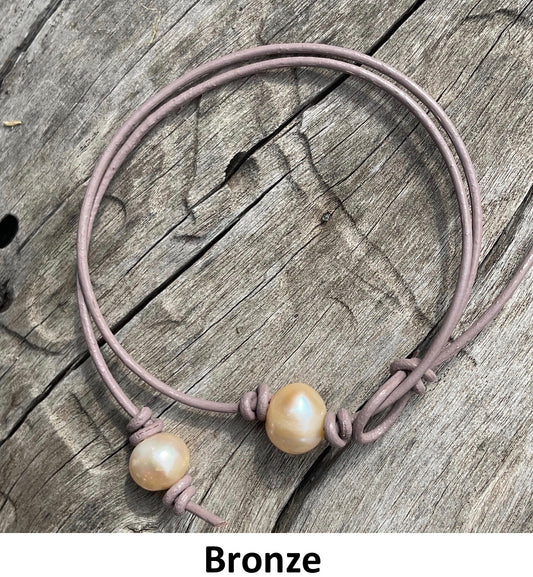 Single Pink Pearl Necklace, #17 Bronze Leather Cord