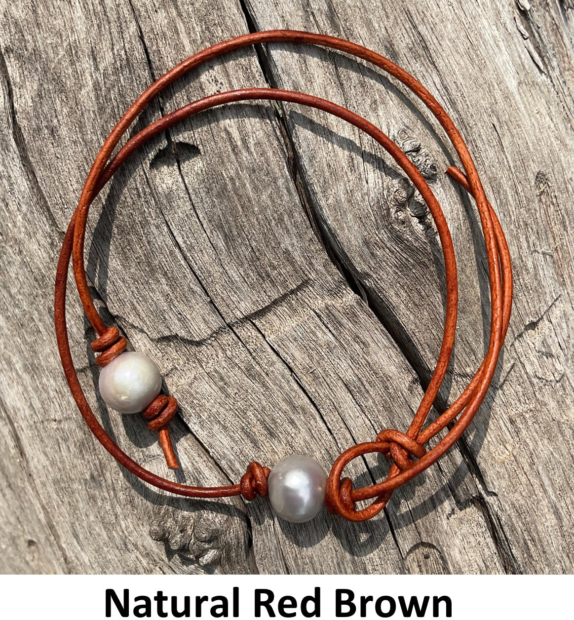 Single Gray Pearl Necklace, #8 Natural Red Brown Leather Cord