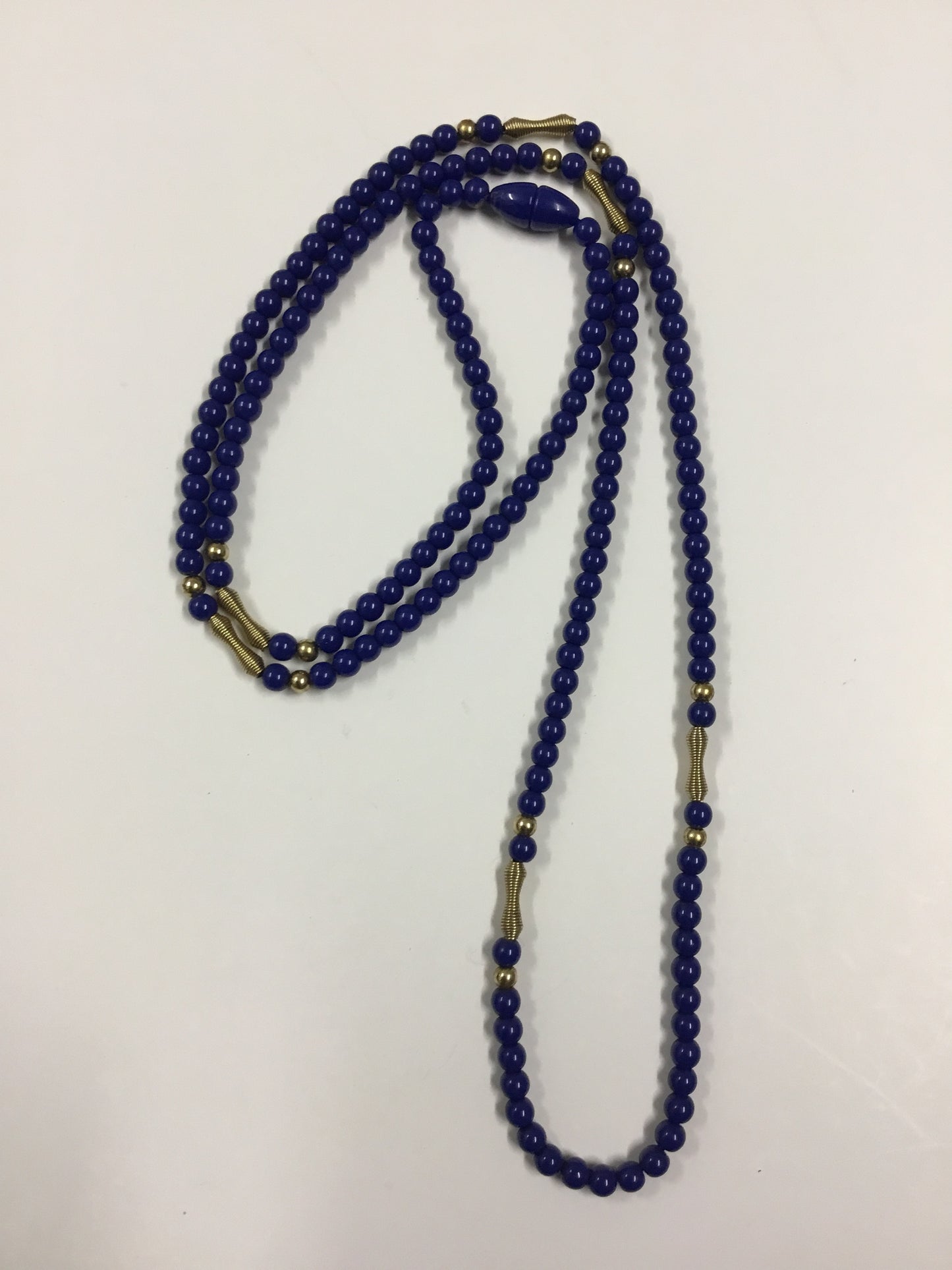 Vintage Cobalt Blue Beaded Necklace With Gold Tone Accents