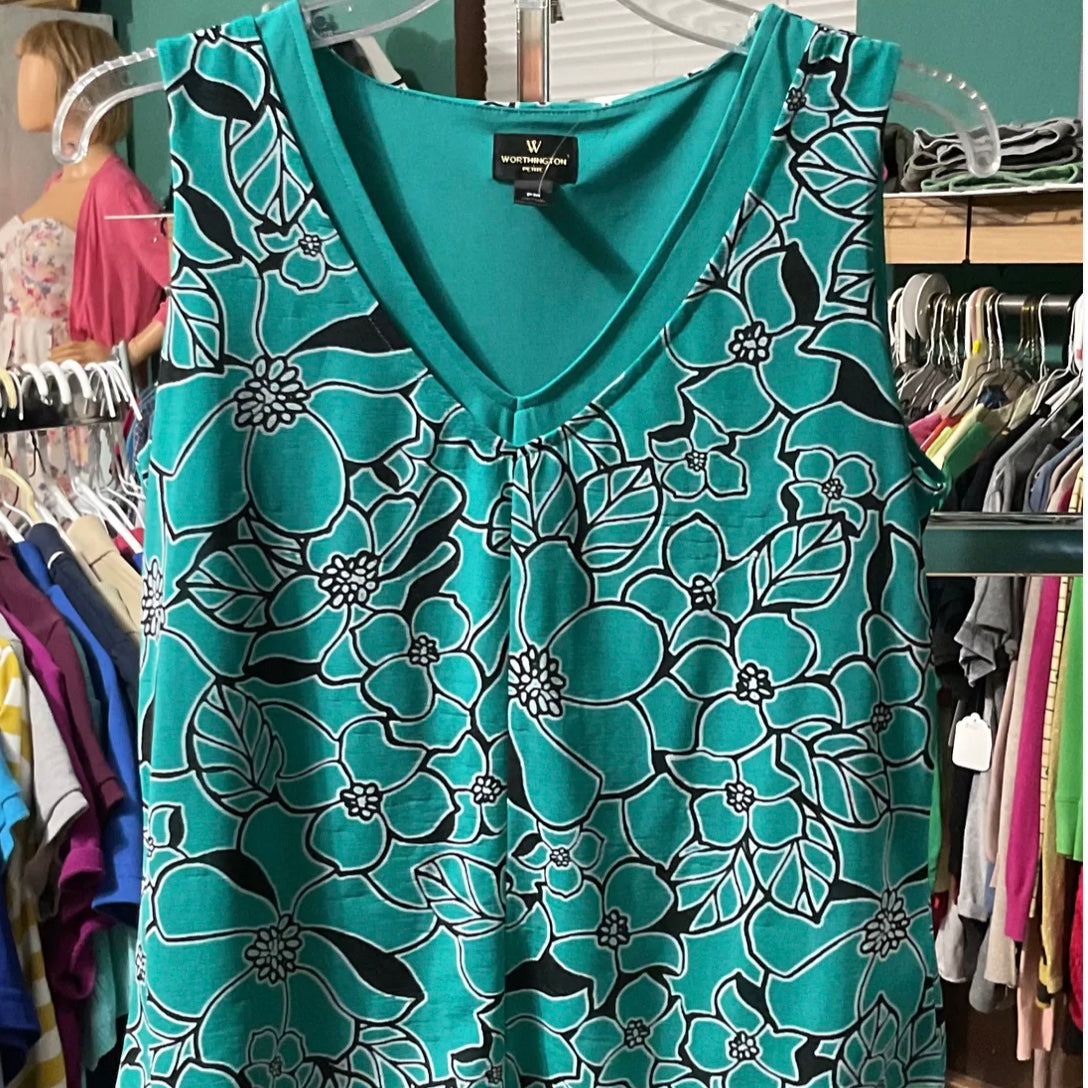 Worthington Sheer Flowers Green and Black Sleeveless Blouse Size PM