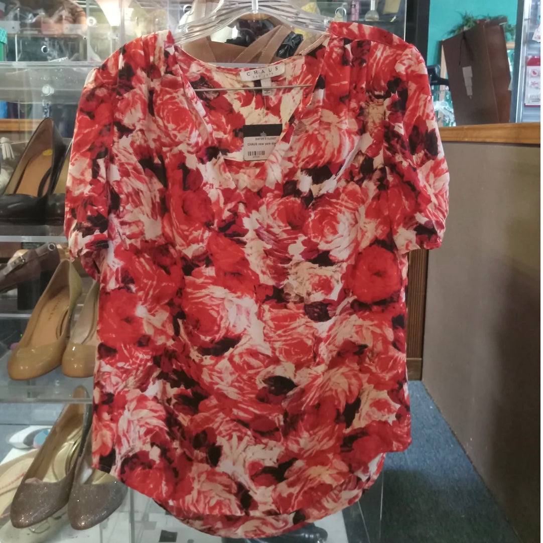 CHAUS New York Beautiful Red Flowers Blouse Size S