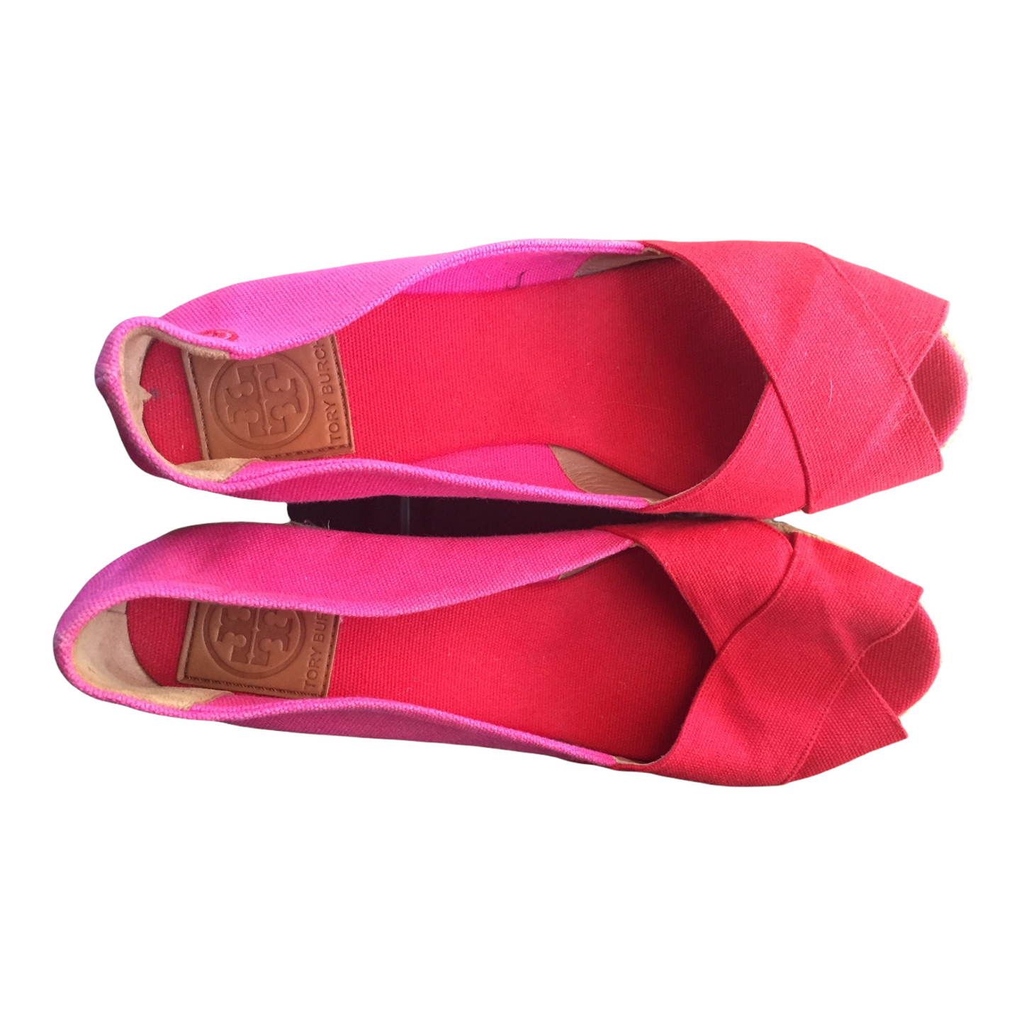 Tory Burch Red/Pink Canvas Espadrilles Wedges Sandals